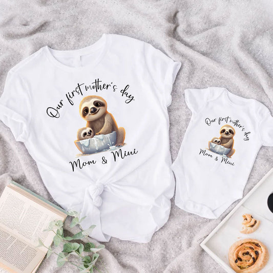 Cute Sloth Mom and Baby First Mother's Day Matching Shirt Bodysuit Onesie Toddler For Mom and Baby Son Daughter, New Mom, First Mom Gift From Husband Dad MI0283