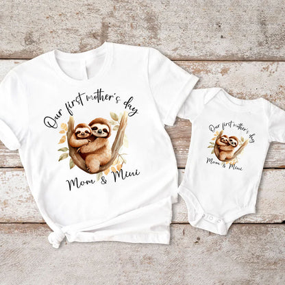 Personalized Cute Sloth Mom and Baby Custom Name First Mother's Day Matching Shirt Bodysuit Onesie Toddler For Mom and Baby Son Daughter, New Mom, First Mom Gift From Husband Dad MI0284