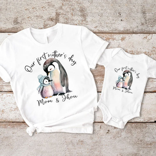 Personalized Cute Penguin Mom and Baby Custom Name First Mother's Day Matching Shirt Bodysuit Onesie Toddler Mom and Baby Penguin Matching Set, New Mom, First Mom Gift From Husband Dad MI0285