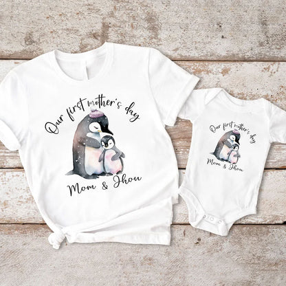 Penguin Matching Outfit For Mom and Baby In first Mother's Day Custom Name, Shirt Bodysuit Penguin, First Mom Gift MI0286