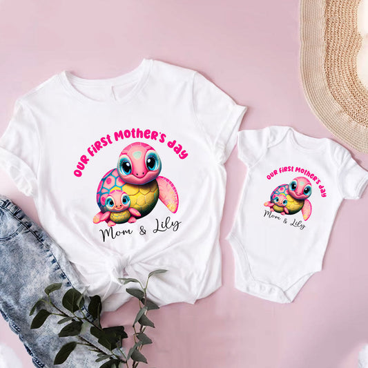 Mom and Baby Turtle Matching Set, Our First Mother's Day Turtle Clothing Set For Mom and Me, Custom Name MI0287