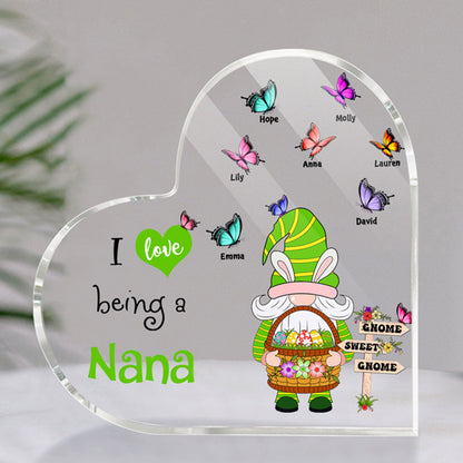 Grandma's Gnome Butterflies - I Love Being a Nana, Personalized Heart Shaped Acrylic Plaque for Family MI0498