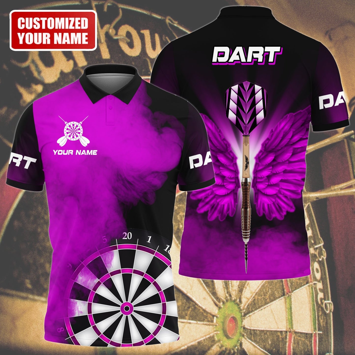 Personalized Name Multi Color Darts Wings All Over Printed Unisex Polo Shirt, Best Dart Player Shirt DMO0139