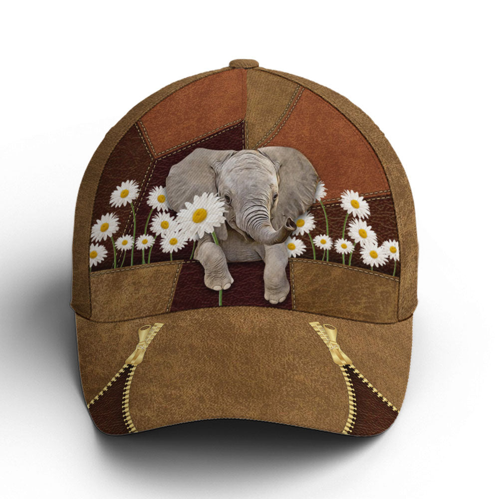 Lovely Elephant Daisy Flowers Leather Baseball Cap Lasfour CO0842