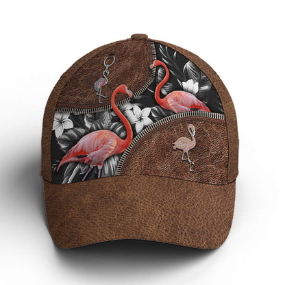 Flamingo Tropical Flower Patterns Leather Style Baseball Cap Lasfour CO0807