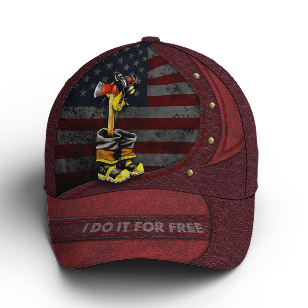 Firefighter I Do It For Free Red Leather Style Baseball Cap Lasfour CO0896