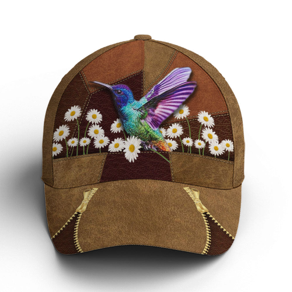 Hummingbird Daisy Flower Leather Style Baseball Cap Lasfour CO0814