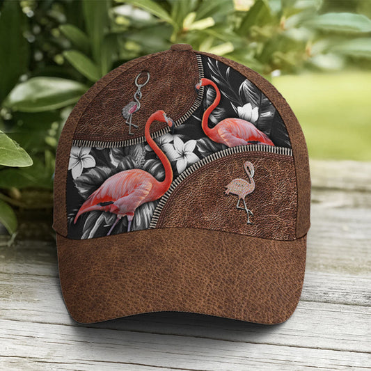 Flamingo Tropical Flower Patterns Leather Style Baseball Cap Lasfour CO0807