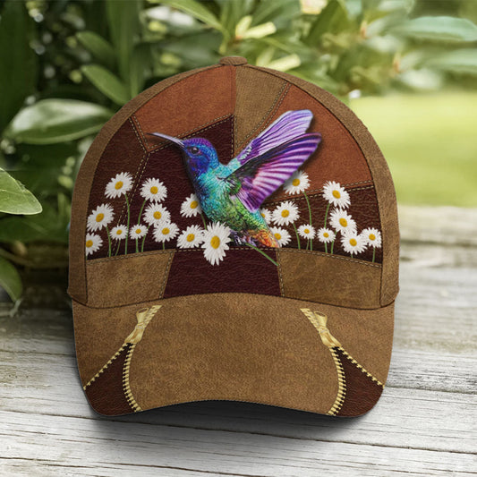 Hummingbird Daisy Flower Leather Style Baseball Cap Lasfour CO0814