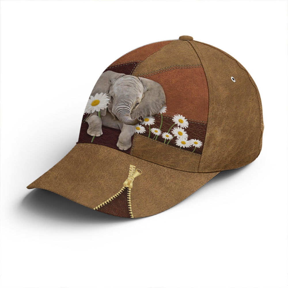 Lovely Elephant Daisy Flowers Leather Baseball Cap Lasfour CO0842