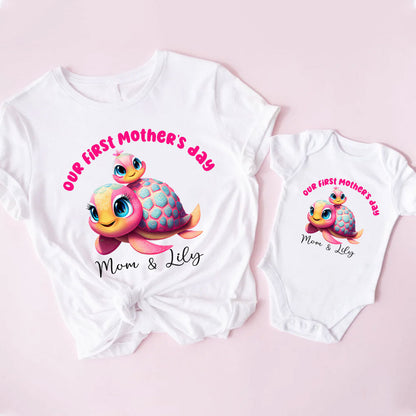 Personalized Mom And Baby Turtle Custom Name Matching Shirt Bodysuit In First Mother's Day, New Mom Gift 2023 MI0288