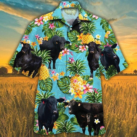 Brangus Cattle Lovers Pineapple, Brahman Angus Cattle Lovers Hawaiian Shirt, Casual Short Sleeve Hawaiian Shirt Blue HO0382