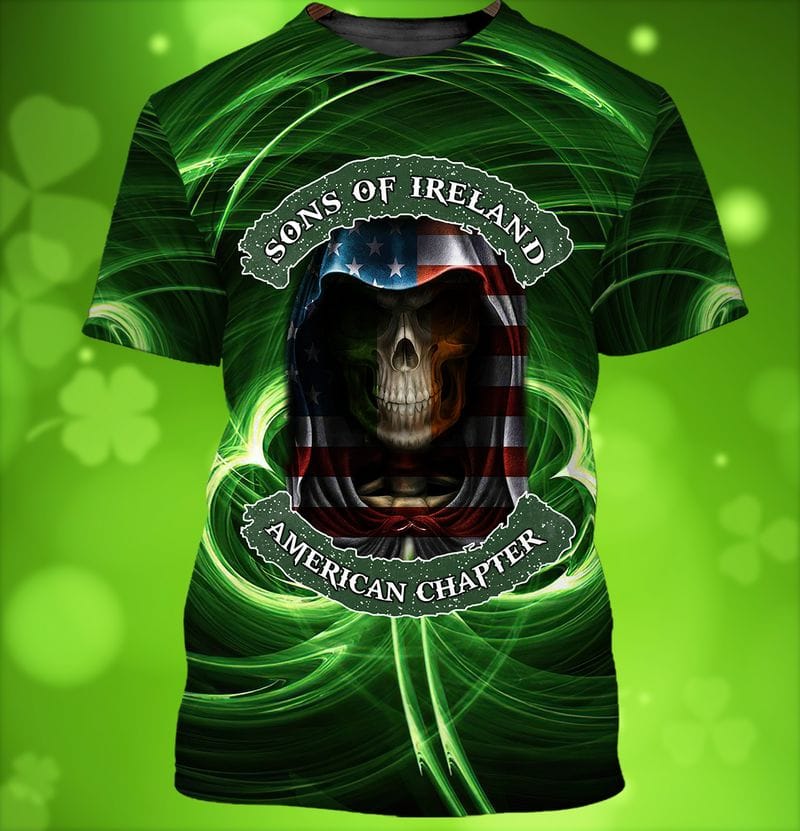 Son Of Ireland American Chapter Shirt, 3D All Over Print St Patrick Day Shirt, Skull American Patrick Day Shirt PO0282