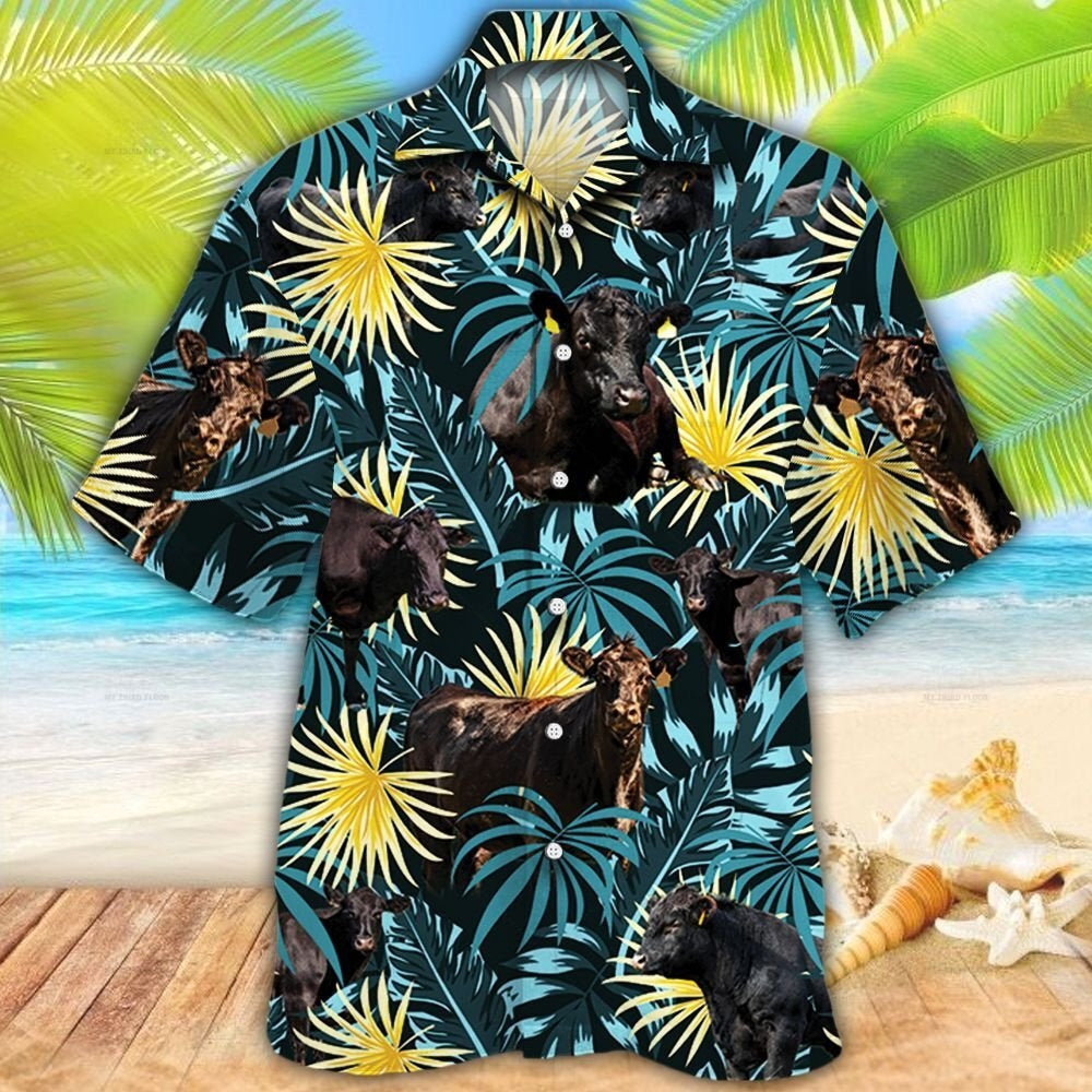 Black Angus Cattle Blue And Yellow Tropical Plants Hawaiian Shirt HO5421