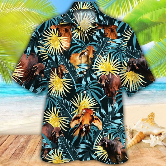 Red Brahman Cattle Lovers Blue And Yellow Plants Hawaiian Shirt For Men And Woman, Red Brahman 3D Beach Aloha Shirt For Summer HO4943