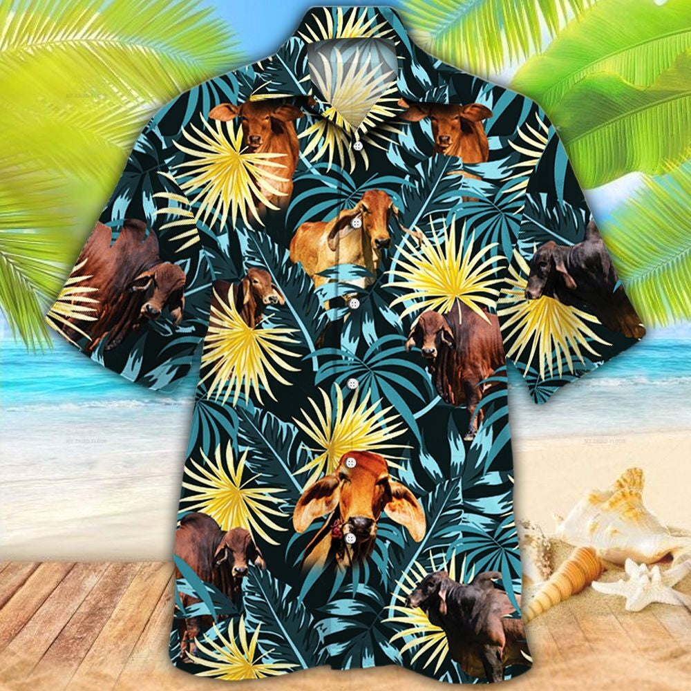 Brahman Cattle Blue And Yellow Tropical Plants Hawaiian Shirt HO5427