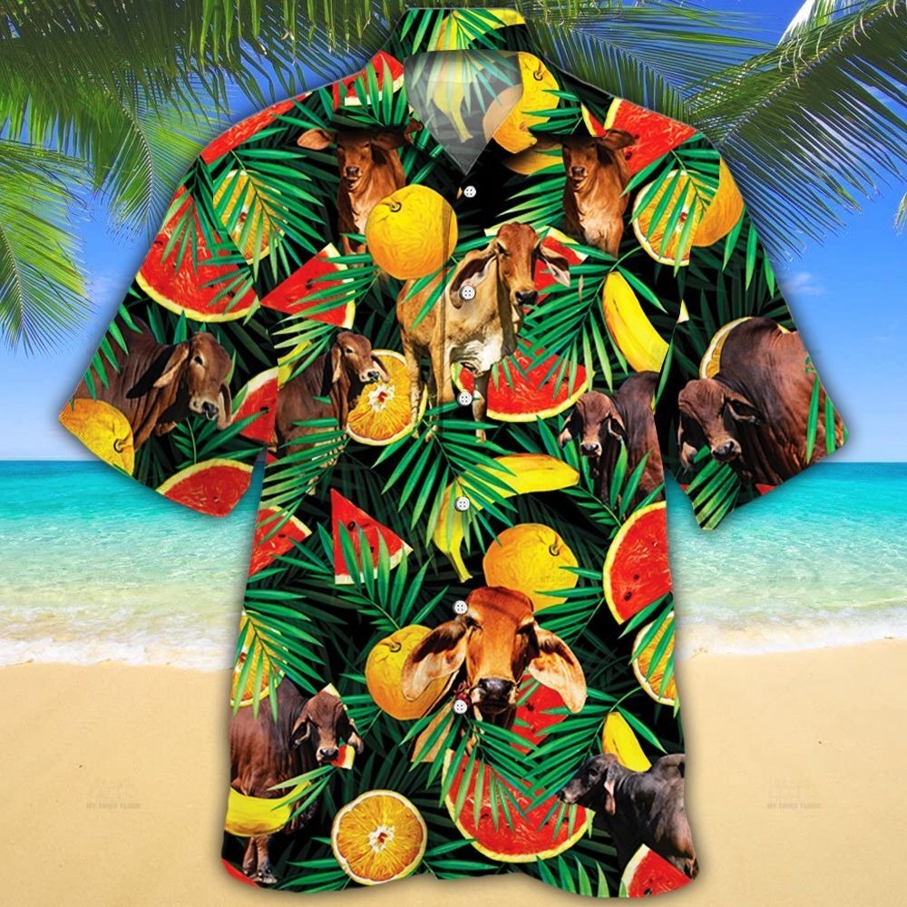 Red Brahman Cattle Lover Tropical Fruits Hawaiian Shirt For Men And Women, Bull Cow Hawaii Beach Shirt HO4952