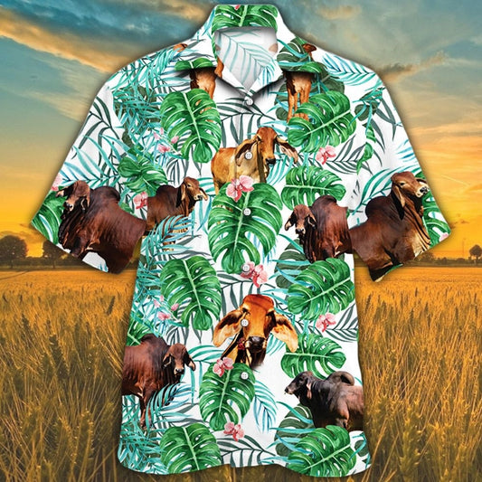 Red Brahman Cattle Lover Tropical Plants Hawaiian Shirts For Cow Lovers, Bull Cow 3D Hawaii Shirts HO4946