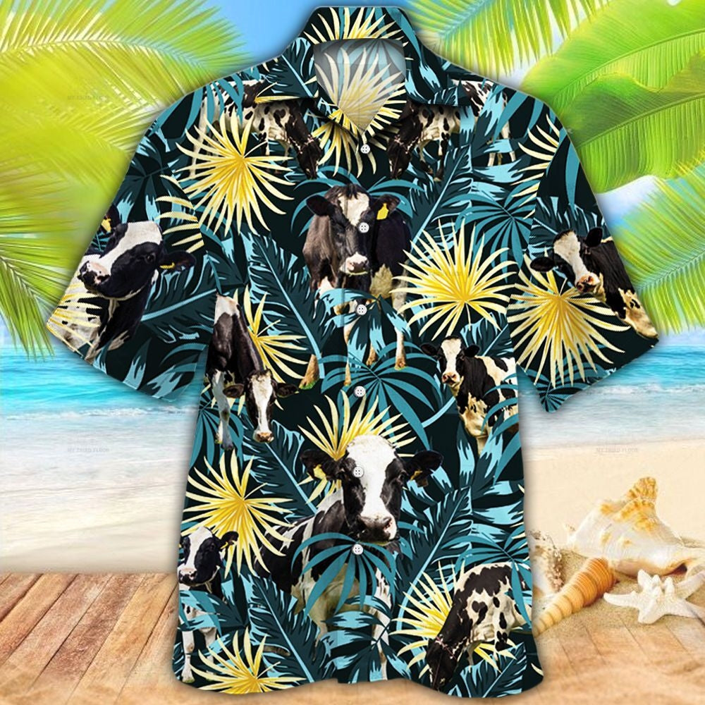 Holstein Friesian Cattle Blue And Yellow Tropical Plants Hawaiian Shirt HO5426