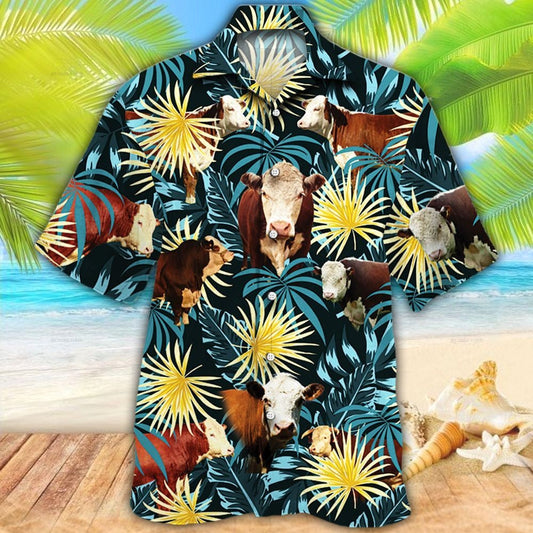 Hereford Cattle Blue And Yellow Tropical Plants Hawaiian Shirt HO5425