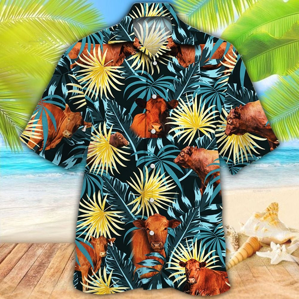 Red Angus Cattle Blue And Yellow Tropical Plants Hawaiian Shirt HO5424