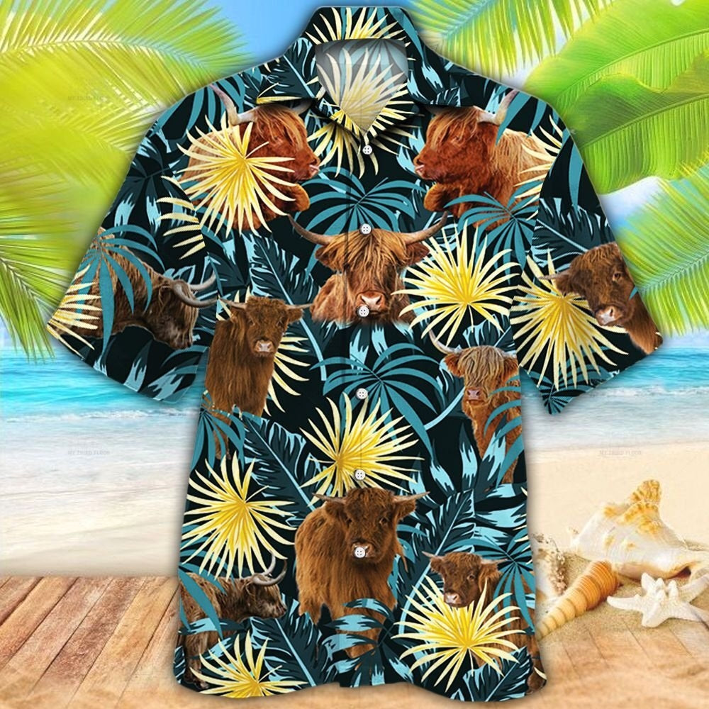 Highland Cattle Blue And Yellow Tropical Plants Hawaiian Shirt HO5423