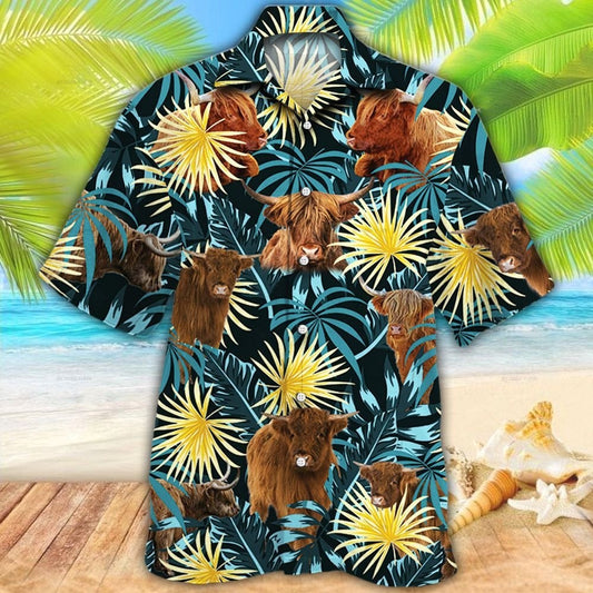 Highland Cattle Blue And Yellow Tropical Plants Hawaiian Shirt HO5423