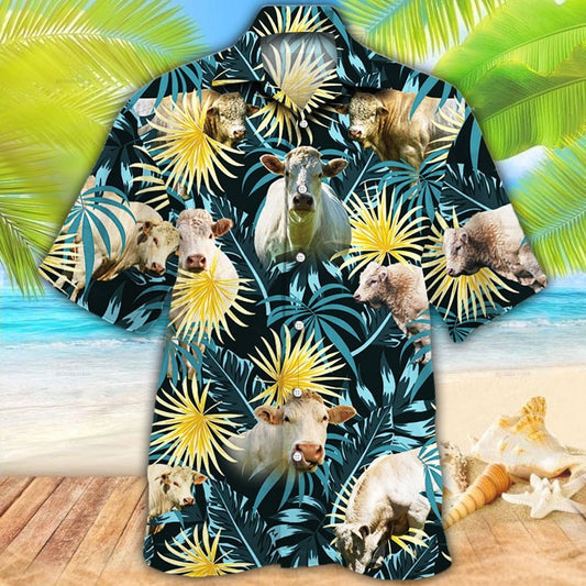 Charolais Cattle Blue And Yellow Tropical Plants Hawaiian Shirt HO5422