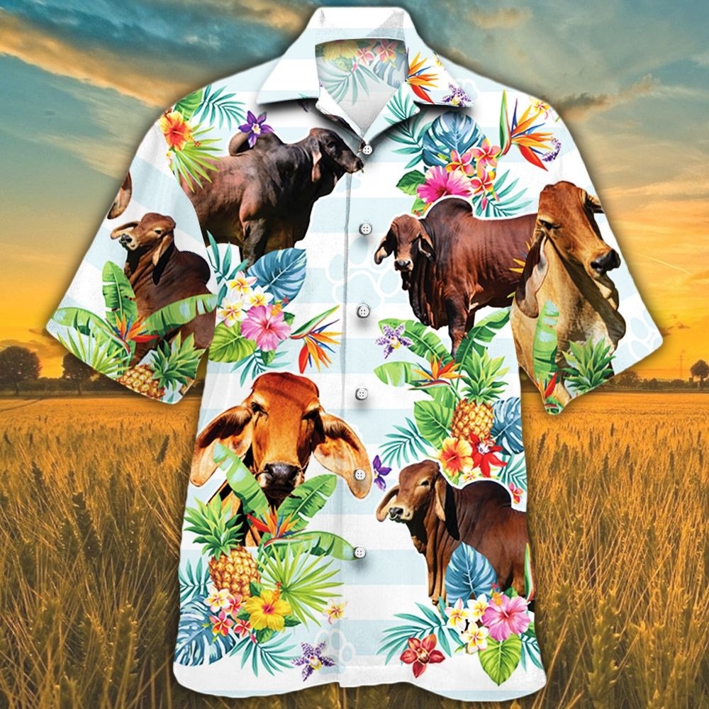 Red Brahman Cattle Lover Tropical Flower Hawaiian Shirts For Cow Lovers, Bull Cow 3D Hawaii Shirt HO4944