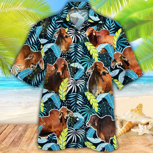 Red Brahman Cattle Lover Jungle Leaves Hawaiian Shirt For Men And Woman, Cow Bull Hawaiian Beach Shirts HO0370