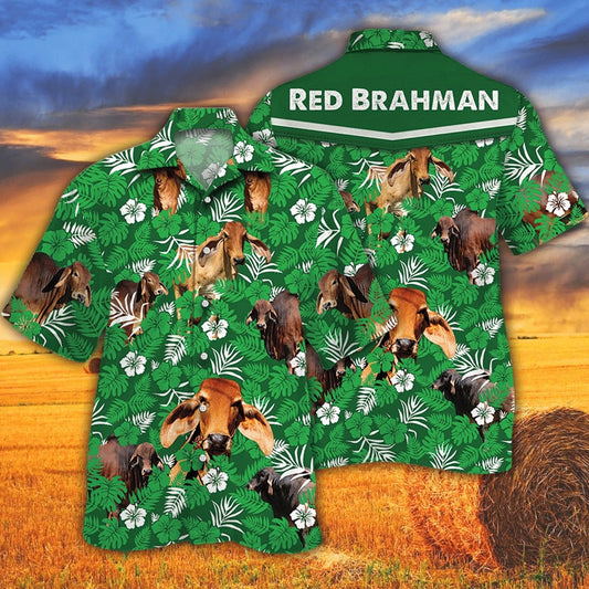 Red Brahman Cattle Lover Green Floral Pattern Hawaiian Shirt For Men And Women, Floral Bull Cow Hawaii Beach Shirt HO4951