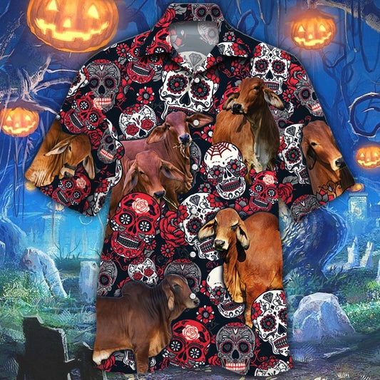 Red Brahman Cattle Lover Sugar Skull Floral Hawaiian Shirt For Men And Women, Skull Bull Cow Hawaii Beach Shirt HO4950