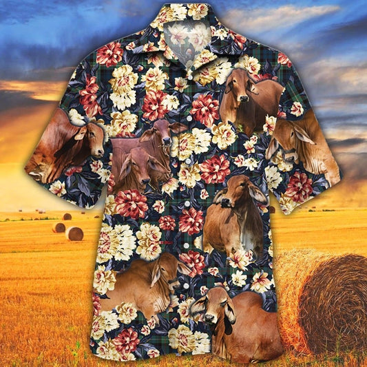 Red Brahman Cattle Lover floral flower Pattern Hawaiian Shirt For Adults, Cow Bull Hawaii Shirt For Summer HO4948