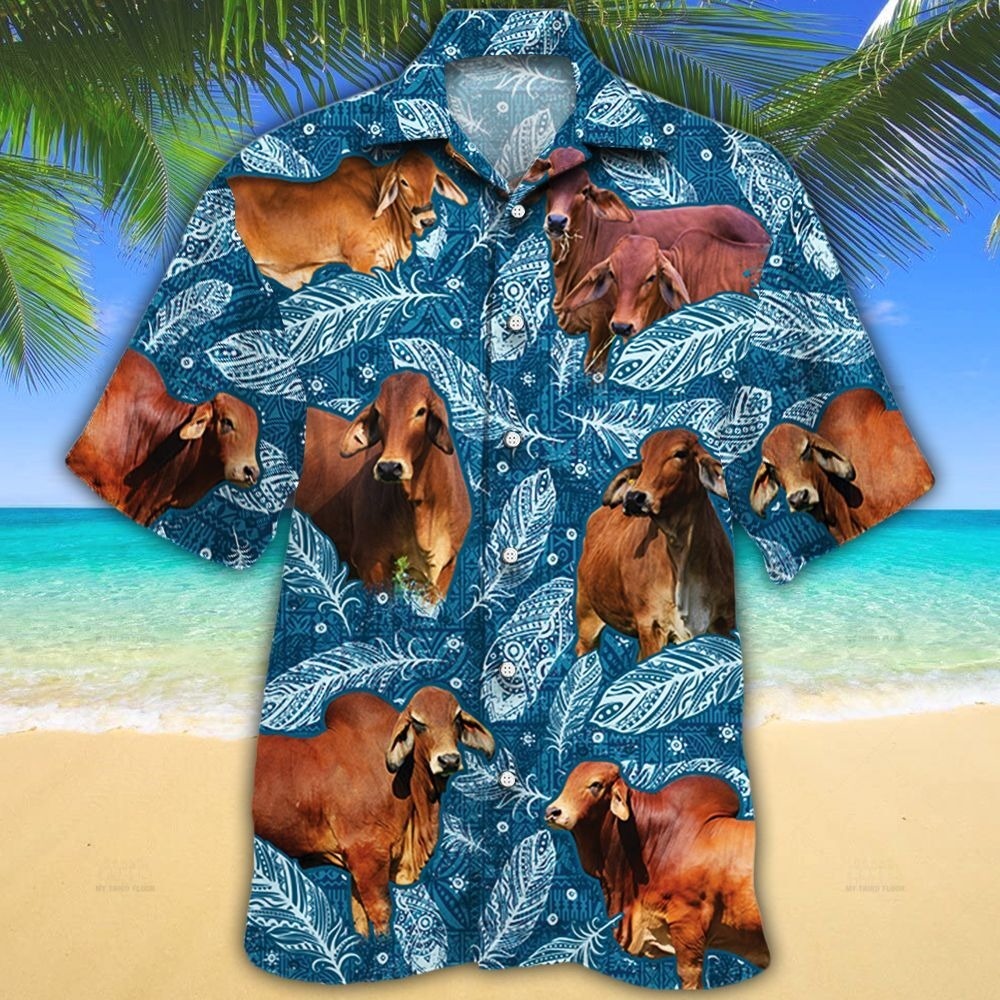 Red Brahman Cattle Lover Blue Feather Hawaiian Shirt, Cow Bull Hawaii Aloha Beach Shirts HO4945