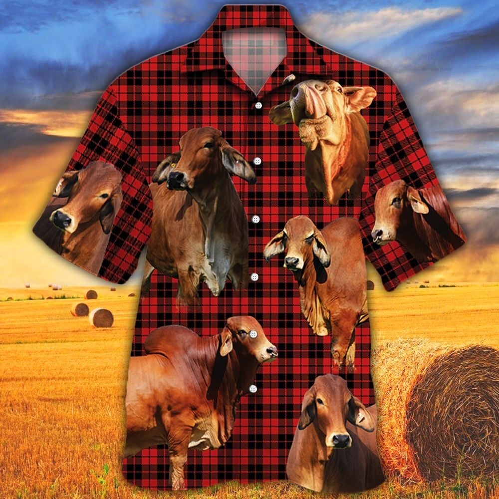 Red Brahman Cattle Lover Red Tartan Pattern Hawaiian Shirt For Adults, Cow Bull Hawaii Shirt For Summer HO4947