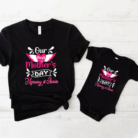 Our First Mother's Day Matching Set For Mom And Baby, Heart Matching T-shirt and Onesie For Mom And Baby, Gift For First Mom 2023 MI0228