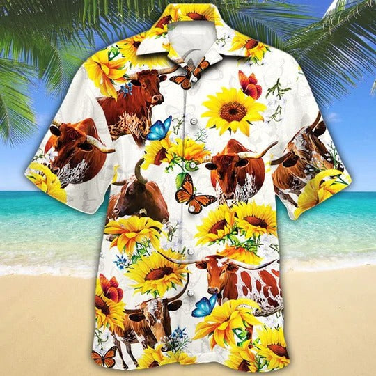 Tx Longhorn Cattle Lovers Sun Flower Hawaiian Shirt, Cow Aloha Hawaiian Shirt HO5058