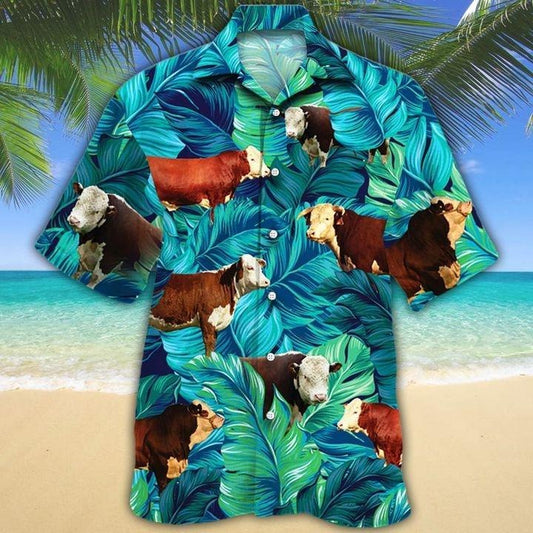 Hereford Cattle Hawaii Shirt Green Hereford Cattle Lovers Hawaiian Shirt HO0041