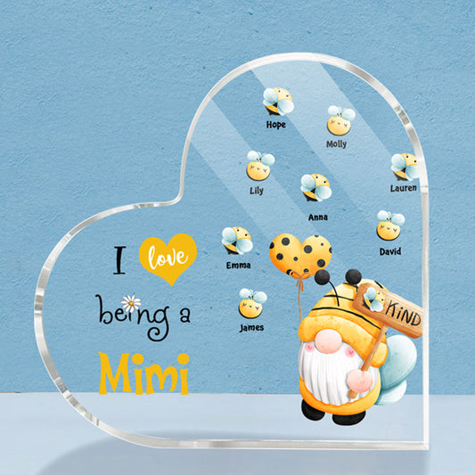 Grandma's Gnome Bee - I Love Being a Mimi, Personalized Heart Shaped Acrylic Plaque for Family MI0500