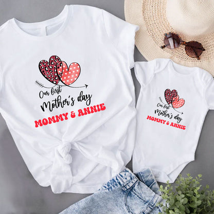 Our First Mother's Day Matching Outfit For Mom And Baby Custom Name, Double Heart For Mom And Baby Matching Set MI0231