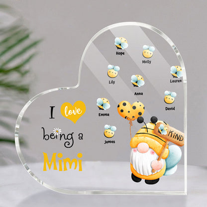 Grandma's Gnome Bee - I Love Being a Mimi, Personalized Heart Shaped Acrylic Plaque for Family MI0500