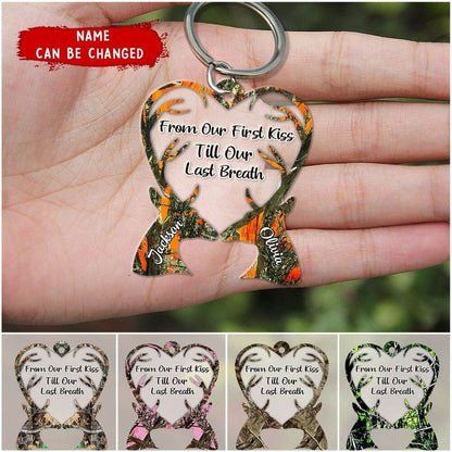 From Our First Kiss Till Our Last Breath Deer Couple Camo Pattern Personalized Acrylic Couple Keychain KO0059