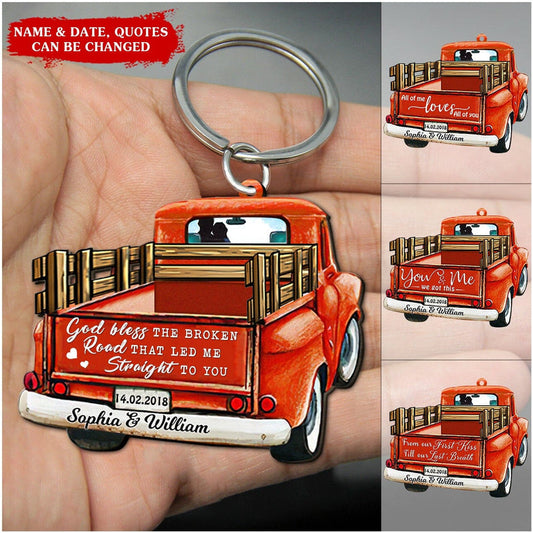 Personalized Red Truck God Bless The Broken Road That Led Me Straight To You Wooden Keychain KO0070