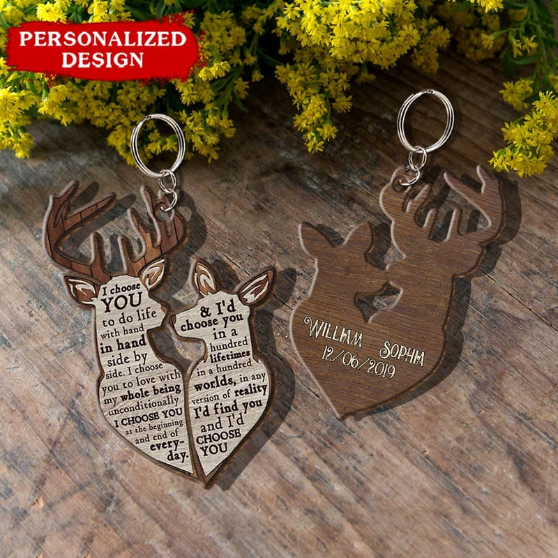 I Choose You Personalized Deer Couple Wooden Keychain, Couple Keychain Two Sides for Him Her KO0075