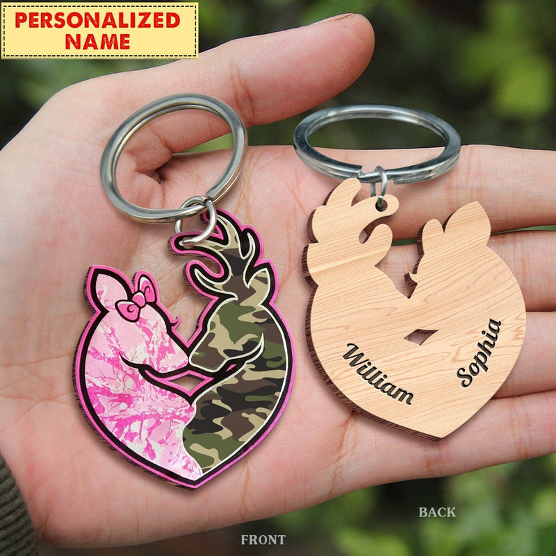 Personalized Deer Couple Camo Wooden Keychain, Perfect Gift for Him Her, Valentine Gift KO0051