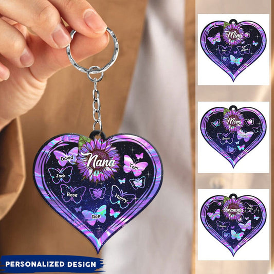 Hologram Sunflower Grandma- Mom With Heart Full Of Butterfly Kids, Personalized Keychain KO0303