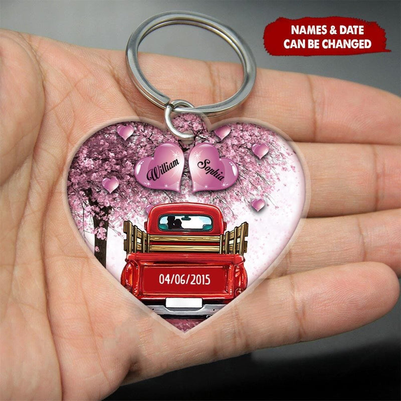 Personalized Couple With Red Truck Under Lovely Tree Acrylic Keychain KO0001