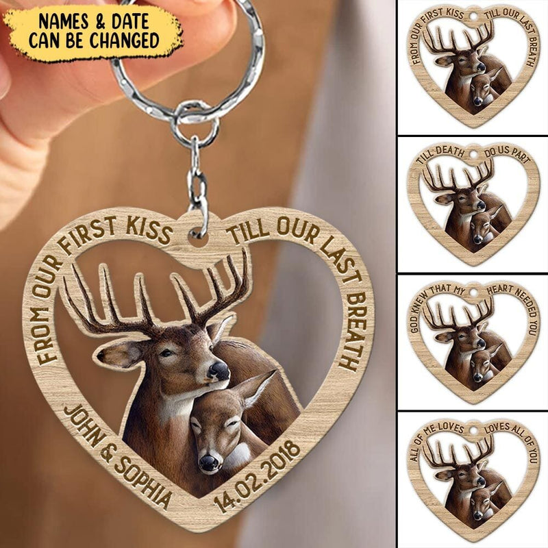 Personalized From Our First Kiss Till Our Last Breath Couple Deer Wooden Couple Keychain KO0134