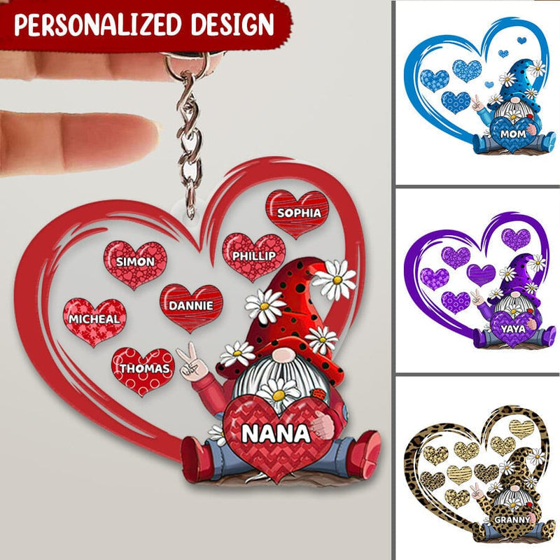 Personalized Gnome With Heart, Grandma And Grandkids Custom Name Acrylic Keychain KO0301