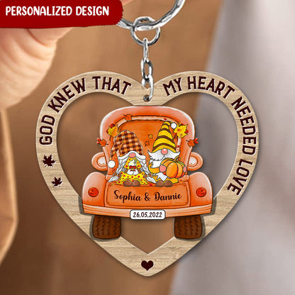 Fall Season, Lovely Couple Gnome On Truck, Gift For Her For Him Personalized Wooden Couple Keychain KO0110